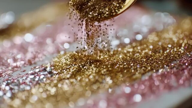 Closeup medium shot of glitter embellishments being sprinkled onto a greeting card capturing sparkling textures and intricate decorative details.