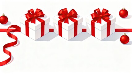 Three White Gift Boxes with Red Ribbons and Ornaments on a White Background