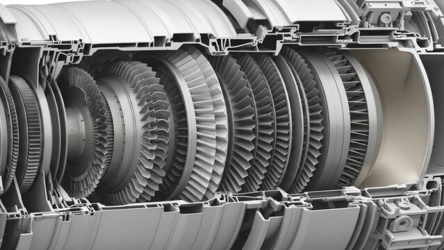 Detailed Jet Engine Turbine Cross Section Closeup.