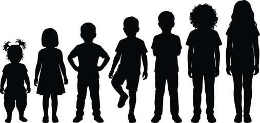 Children silhouettes standing in row showing different ages growth stages isolated on white background childhood development concept vector illustration
