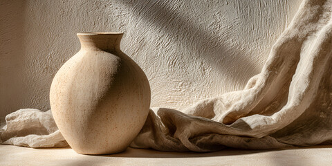 Textured ceramic vase on natural linen in warm beige tones. Ideal for use in interior styling, lifestyle visuals, or organic product branding.