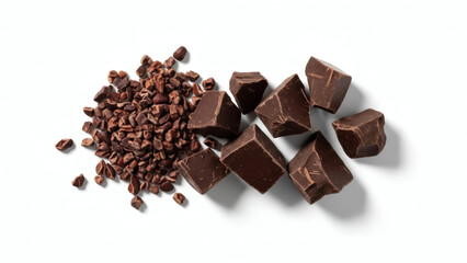 Cocoa nibs with chocolate chunks isolated, minimalist advertising layout