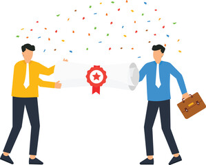 Two businessmen holding certificate award celebrating successful partnership corporate agreement project completion career achievement employee recognition business deal with confetti.