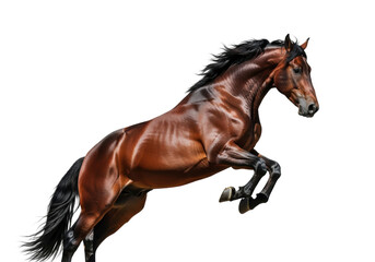 Obraz premium a muscular, mahogany bay andalusian stallion suspended mid-air in a vertical jump, featuring dramatic high-contrast studio lighting on a pure white background, embodying raw power and refined elegance