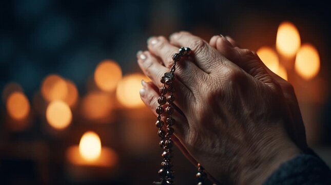 Cinematic macro of callused hands holding a rosary in prayer, with soft candle bokeh glowing in the background, conveying faith, devotion, humility, and quiet spiritual strength.