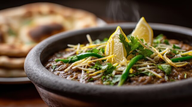 food presentation, a bowl of slow-cooked haleem stew, topped with crispy onions, ginger, cilantro, chilies, and lemon juice, is presented
