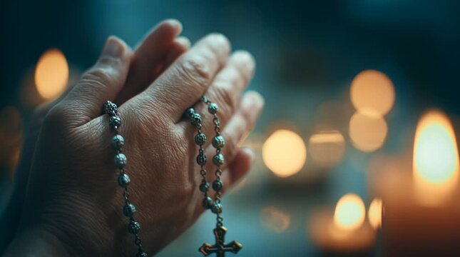 Cinematic macro of callused hands holding a rosary in prayer, with soft candle bokeh glowing in the background, conveying faith, devotion, humility, and quiet spiritual strength.