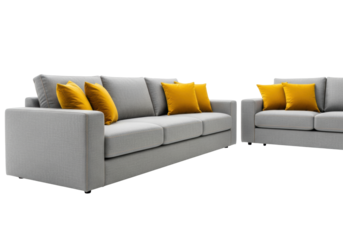 Luxurious light grey modular sofa and matching armchair featuring mustard yellow velvet pillows, isolated on a pure white studio background with copy space, sophisticated design advertisement concept