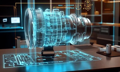 A sophisticated 3D blue wireframe hologram of an industrial turbine engine displayed on a high-tech digital laboratory table with technical data overlays in the background. - Powered by Adobe