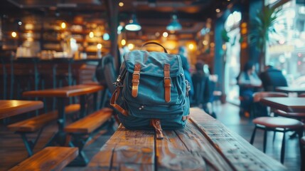 A backpack lying on a table in a cafe. Tourism, active lifestyle.