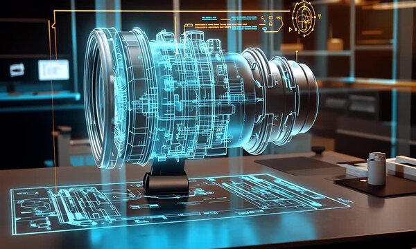 A sophisticated 3D blue wireframe hologram of an industrial turbine engine displayed on a high-tech digital laboratory table with technical data overlays in the background.