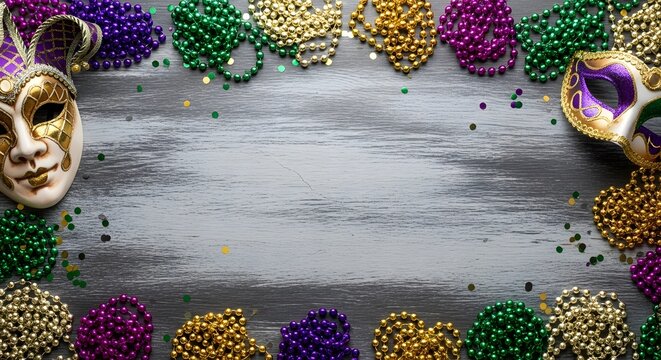 Mardi Gras carnival masks and colorful beads border frame on dis