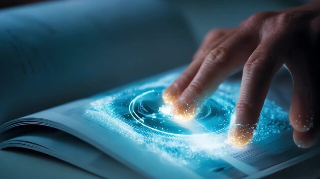 Closeup of fingers touching a print brochure embedded with conductive ink triggering lightup effects that respond to touch gestures.