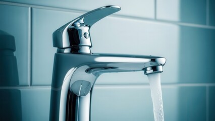 Modern chrome faucet with water running into a sink
