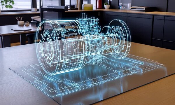 Glowing blue 3D engine hologram on a modern office desk, representing advanced augmented reality technology and future mechanical engineering concepts.