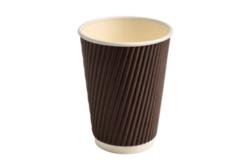 Disposable takeaway brown paper coffee cup with ribbed texture and white interior, perfect for hot beverages on the go