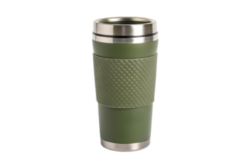 Olive green insulated travel mug, featuring a durable stainless steel lid and a textured grip, ideal for maintaining beverage temperature