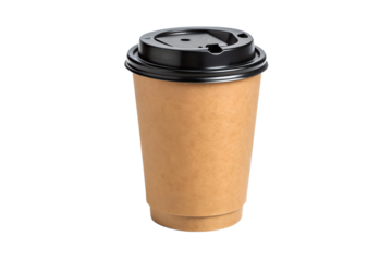 Blank craft paper coffee cup with black lid for hot beverages, a customizable mockup template for eco-friendly branding and takeaway drink designs