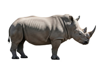 Obraz premium A mature white rhinoceros in full profile, showcasing heavily textured, wrinkled grey skin and sharp horns, isolated against a seamless white background, conveying dignified power and resilience