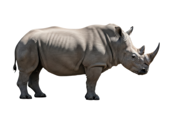 A mature white rhinoceros in full profile, showcasing heavily textured, wrinkled grey skin and sharp horns, isolated against a seamless white background, conveying dignified power and resilience