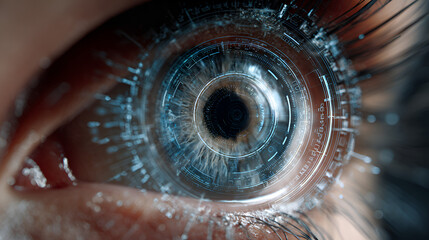 Close-up of futuristic eye with cybernetic enhancements
