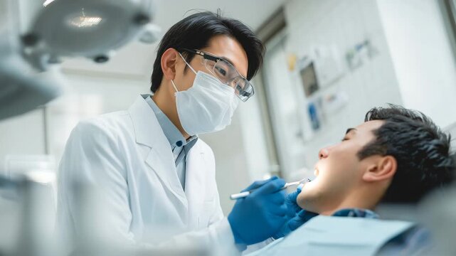 日本人男性歯科医が男性患者を診察