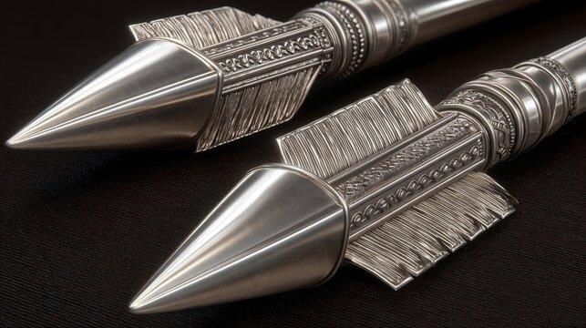 Two ornate silver arrows with intricate detailing on a dark background, showcasing craftsmanship and historical design.