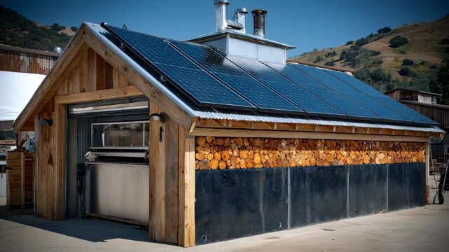 Medium shot of a solarpowered lumber kiln with solar panels on the roof highlighting ecofriendly wood drying using sustainable energy and natural sun warmth.