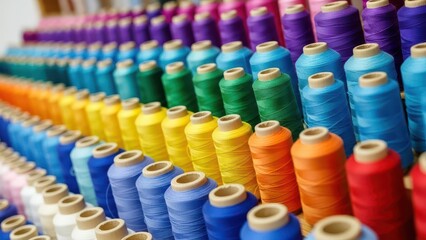 Rows of colorful sewing threads on spools arranged in a gradient