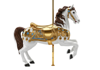 a pristine, aged white carousel horse with intricate carved details and dark brown mane, shown close-up, featuring an ornate baroque gold saddle under studio cinematic lighting, timeless luxury