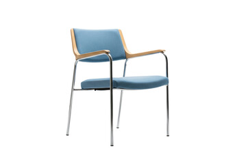 Fototapeta premium scandinavian modern armchair with a light beechwood frame and polished chrome legs, upholstered in matte light blue linen, isolated on a pure white background, showcasing minimalist furniture design