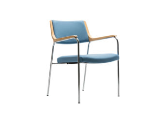 scandinavian modern armchair with a light beechwood frame and polished chrome legs, upholstered in matte light blue linen, isolated on a pure white background, showcasing minimalist furniture design