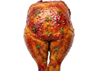 A hyper-realistic, macro close-up of a roasted turkey leg quarter with mahogany, crackling skin and reflective honey-mustard glaze, isolated on a white background, gourmet holiday cuisine atmosphere