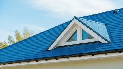 Modern House Roof with Blue Tiles and White Dormer Window