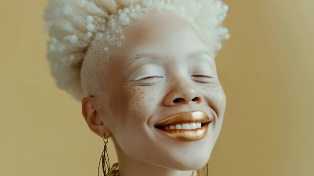 African American albino girl posing on golden background.