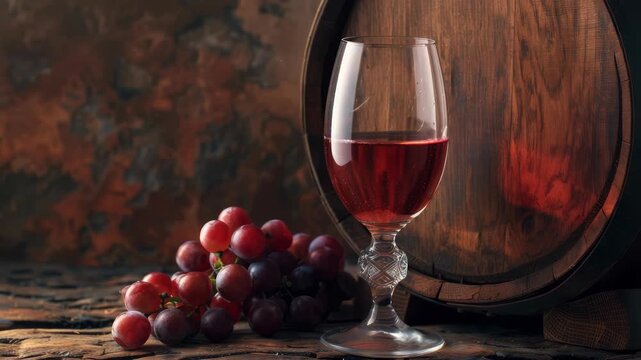 Red wine pouring into elegant glass with rustic barrel and grapes