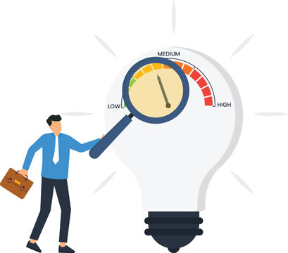 Risk assessment concept businessman analyzing performance meter inside lightbulb idea evaluation innovation analysis business strategy potential measurement key performance indicator