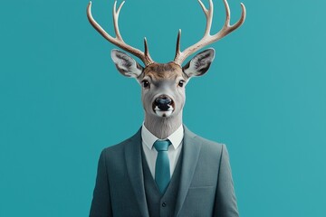 Surreal portrait of deer in business suit against turquoise background. Transformative teal. A whimsical business concept.