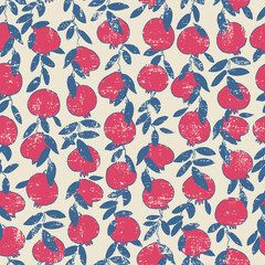 Seamless pattern. Pomegranate tree branches with fruit. Outlined vector illustration on light-colored background for surface design and other design projects Shana Tova