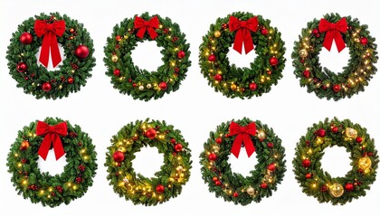 "Eight Christmas wreaths adorned with bows, ornaments, and lights hang in two neat rows, each with its own festive flair."