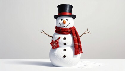 "A smiling snowman in a top hat and plaid scarf holds a red gift box on a snowy white stage."