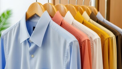 Row of various colored collared shirts on wooden hangers