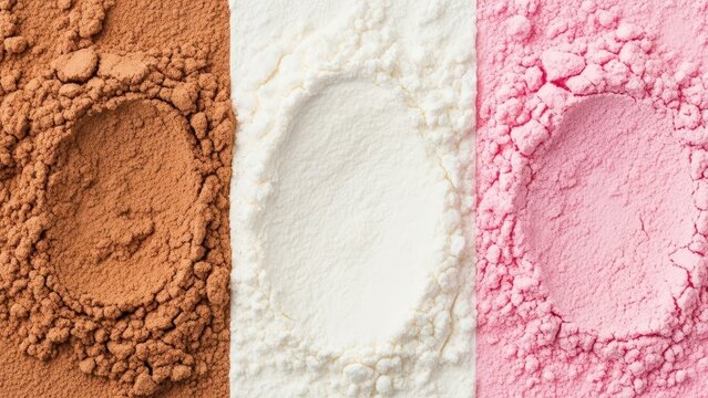 Top view of three powdered substances: chocolate, milk, and strawberry powder