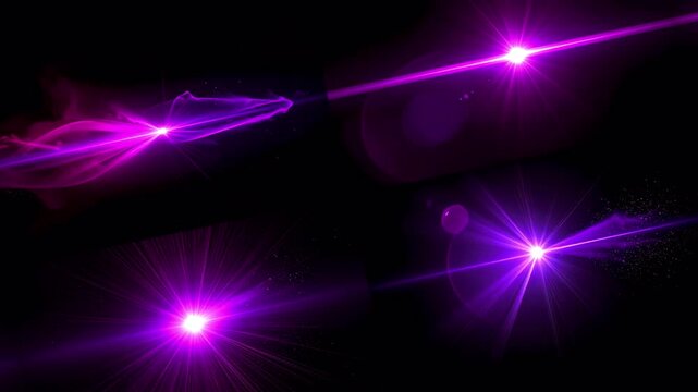 Pack of four animated purple and magenta light effects, including lens flares, streaks, and particle bursts. Realistic optical flare animations with a transparent background for easy compositing.