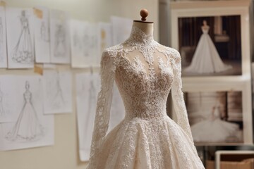 Bridal Gown Displayed in Fashion Studio With Sketches Highlighting Craftsmanship and Luxury Design
