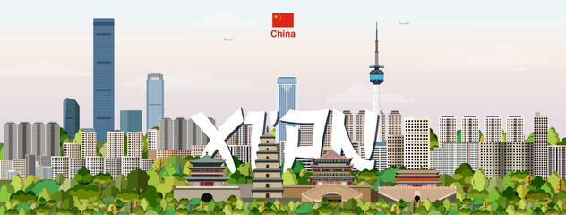 Xian cityscape colorful vector illustration with big city name on the background. Travel trendy poster