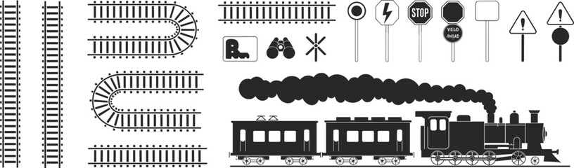 Railway tracks steam train icons and signals set illustration, vintage railroad transportation vector elements collection © Morsalin Creatives