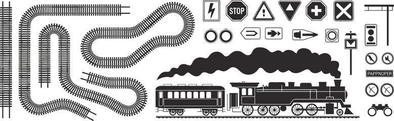 Railway tracks steam train icons and signals set illustration, vintage railroad transportation elements vector collection © Morsalin Creatives