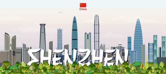 Shenzhen graphic stylized cityscape colorful vector illustration with big city name on the background. Travel trendy poster