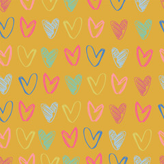 Seamless pattern with hand drawn hearts in Christmas and Valentines color combinations Floral Block Prints inspired by printmaking in Christmas color combinations